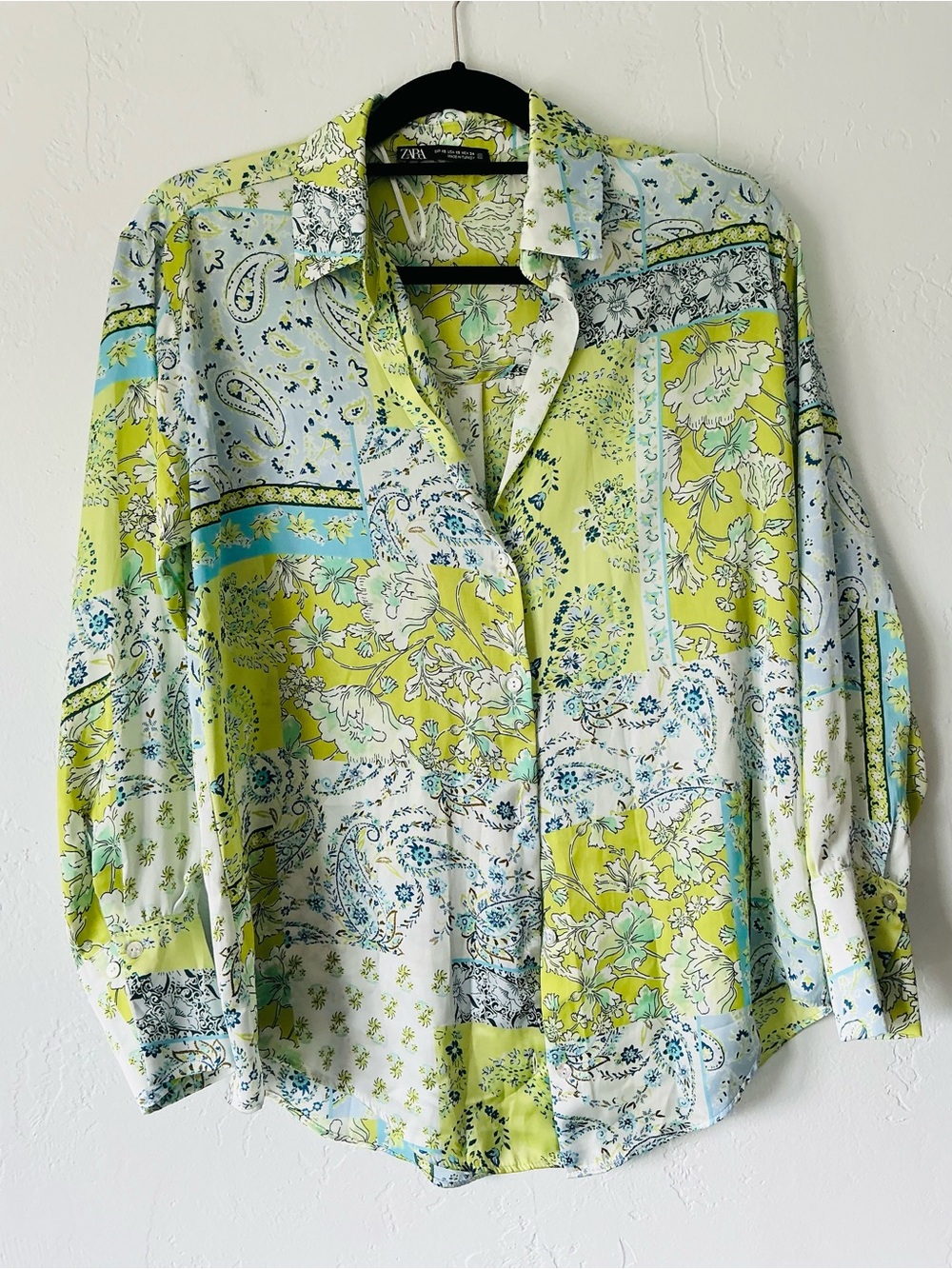 Zara Lime Green and Light Blue Floral Patchwork Print Button-Down Shirt